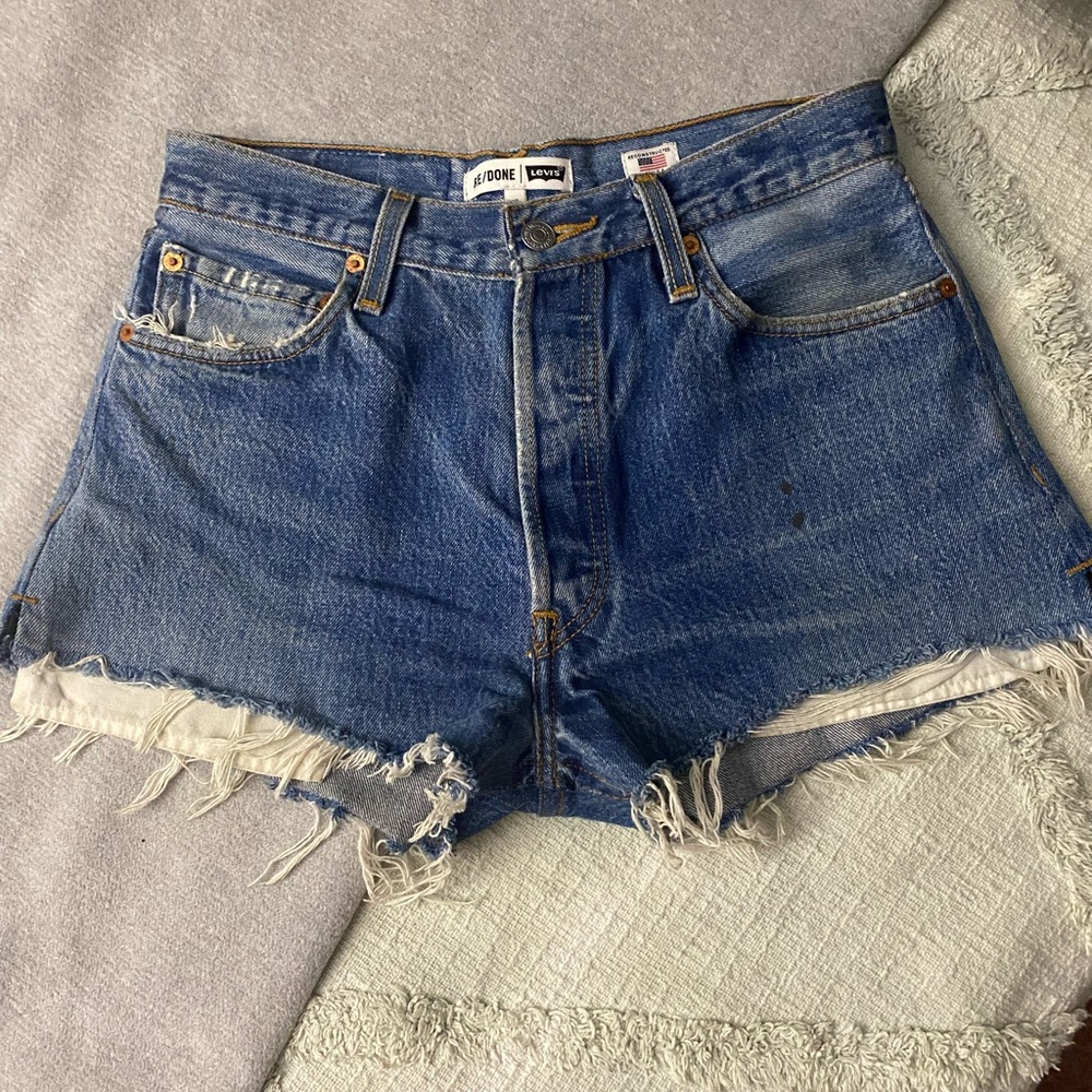 Re/Done Blue Distressed High-Rise Denim Jean Shorts